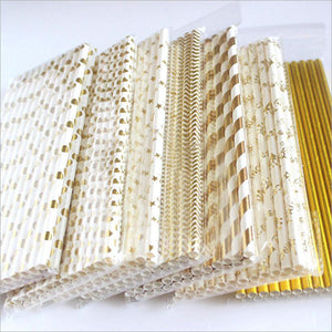 25Pcs Metallic Gold Stripe Paper Straws Coated Gold Foil Disposable Paper Straws Various Types Gold Foil Degradable Paper Straws